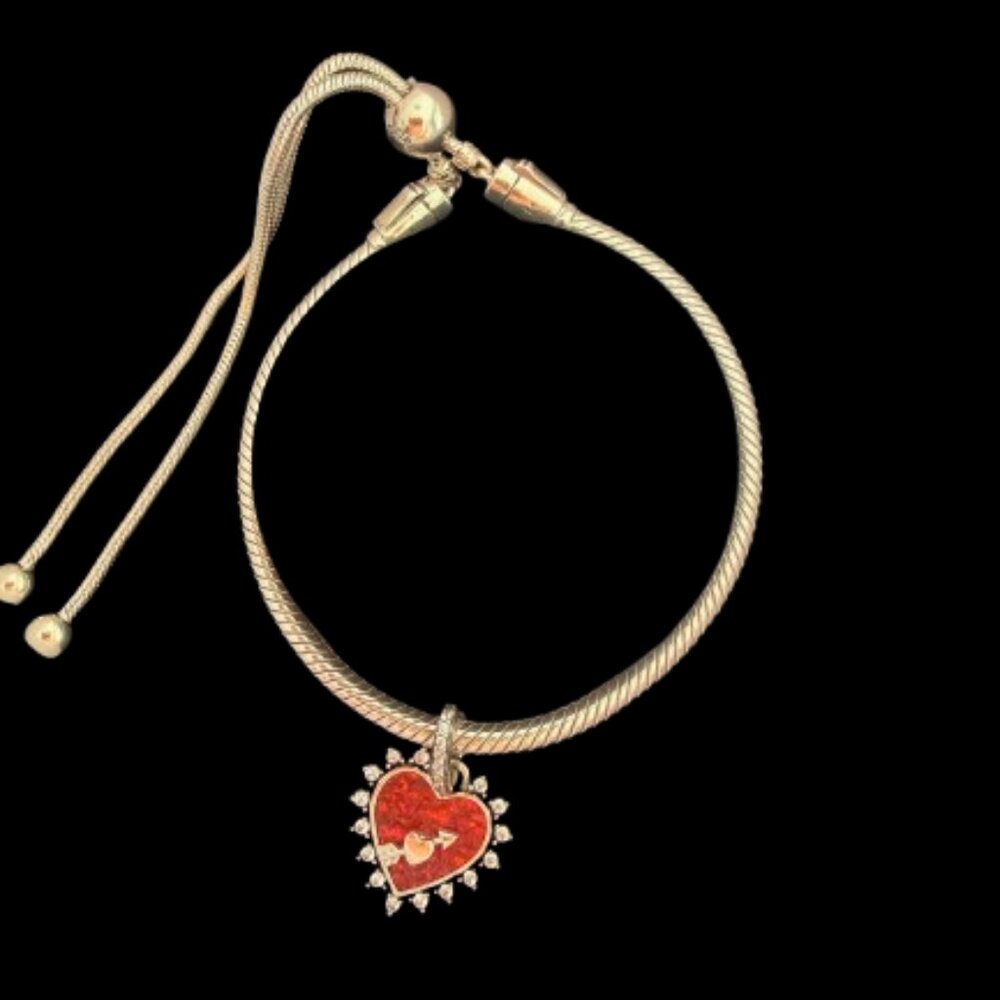 Pandora Sterling Silver Slider Bracelet w/ Follow Your Heart Charm 925 ALE